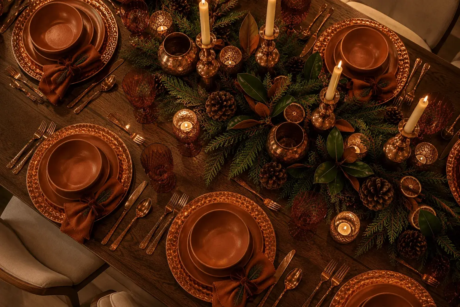Copper Christmas table setting with evergreen centerpiece, copper dinnerware and candlelight in a warm dining room.